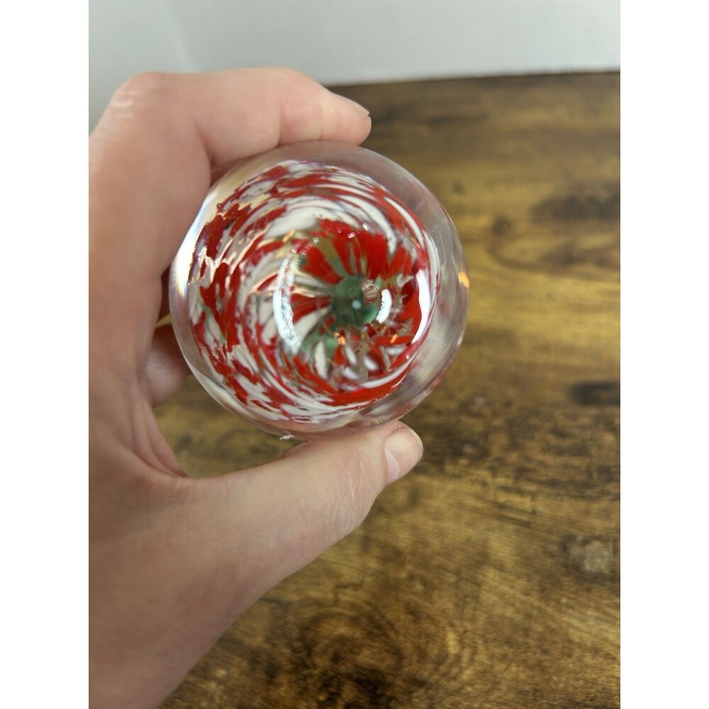 Vintage Art Glass Paperweight Floral Millefiori Red White Green Flower Orb Ball - Picture 8 of 10